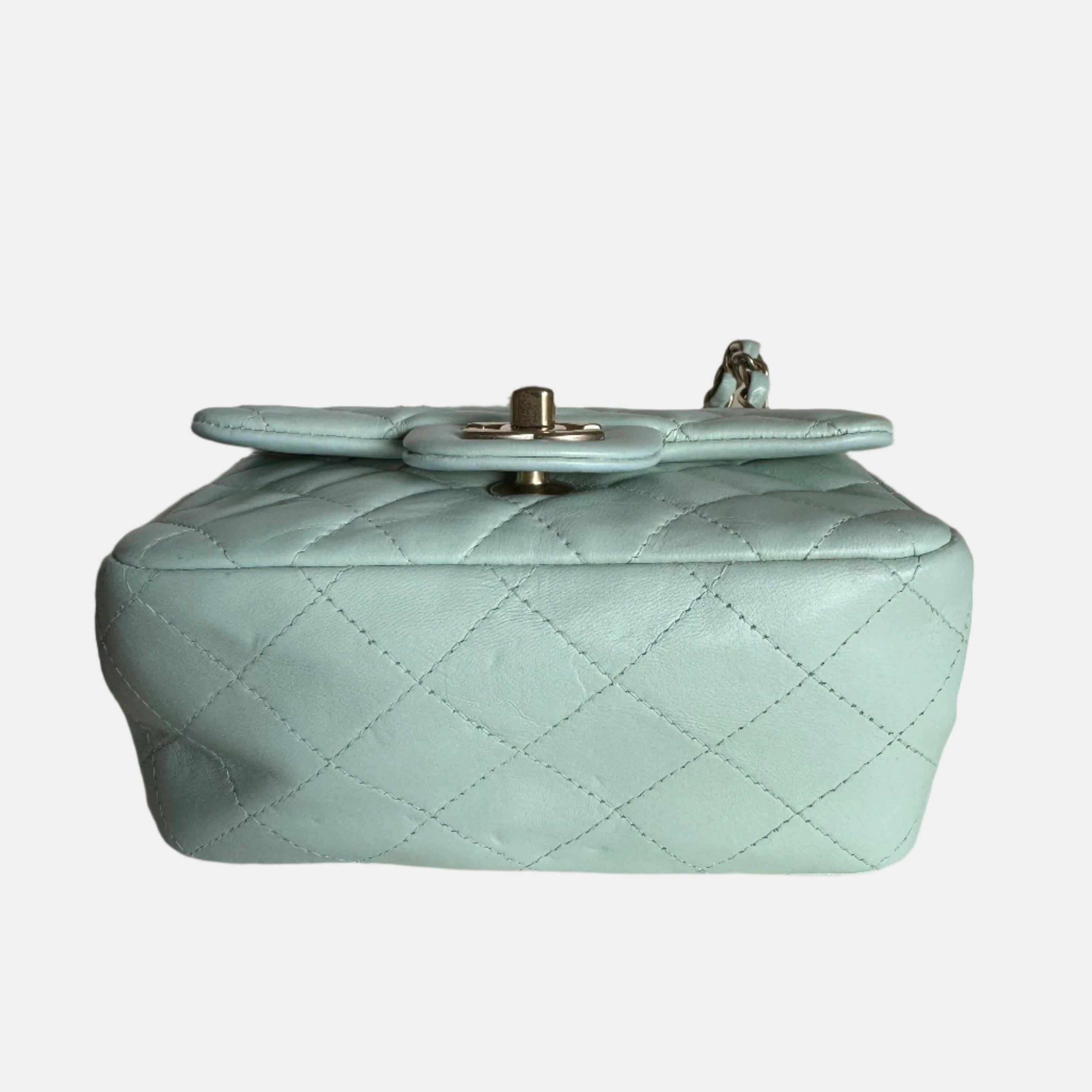 Gray Chanel Classic Flap Mini Square Baby Mint Blue Lambskin Crossbody Bag, 2014 For Sale