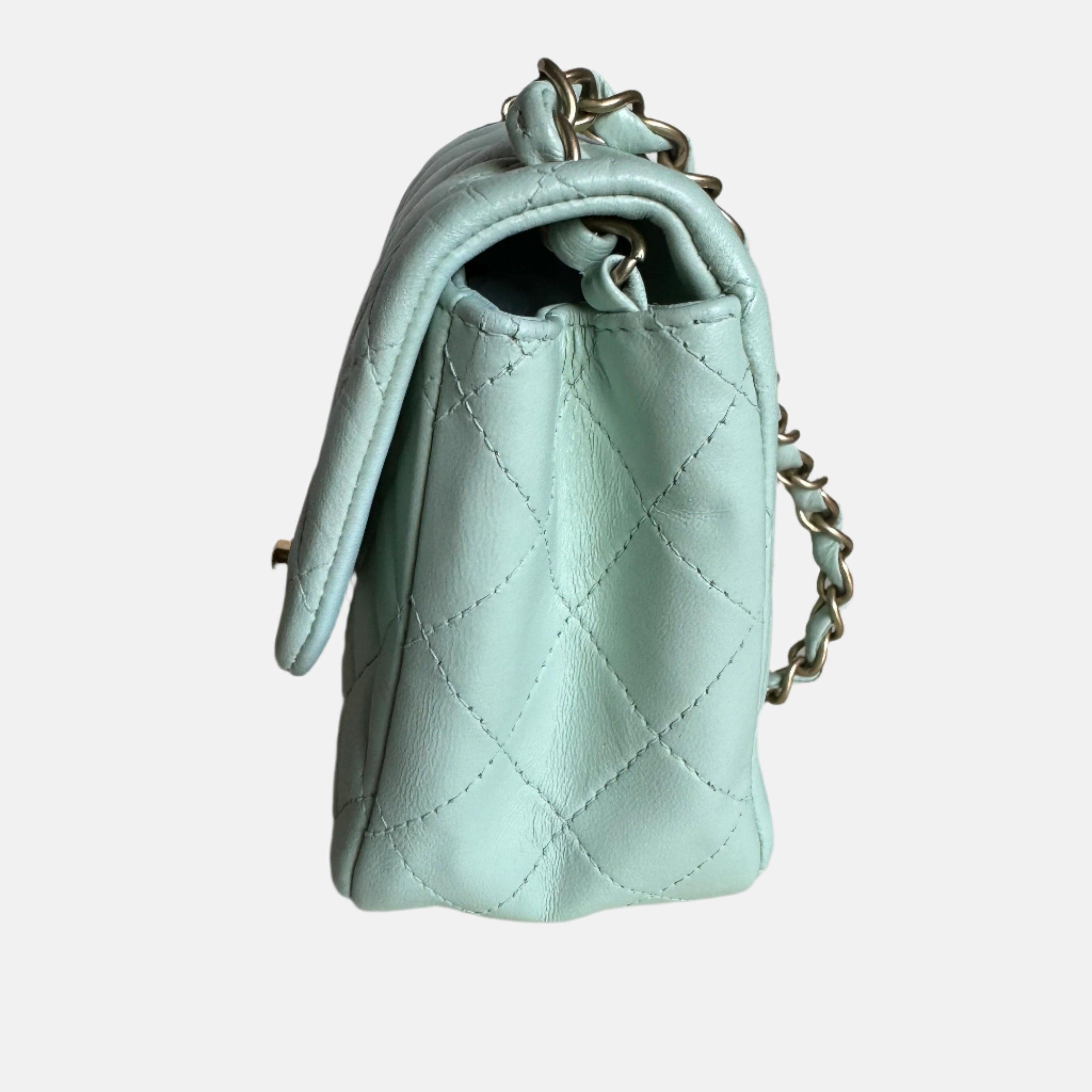 Chanel Classic Flap Mini Square Baby Mint Blue Lambskin Crossbody Bag, 2014 In Good Condition For Sale In AUBERVILLIERS, FR