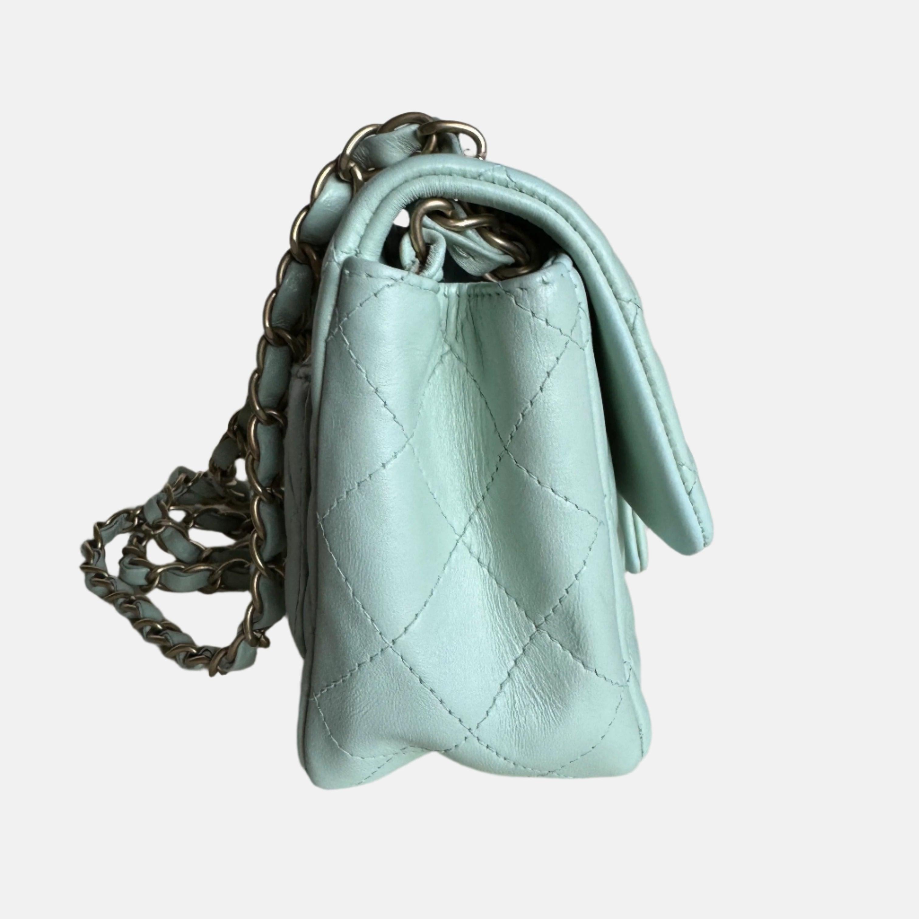 Women's Chanel Classic Flap Mini Square Baby Mint Blue Lambskin Crossbody Bag, 2014 For Sale