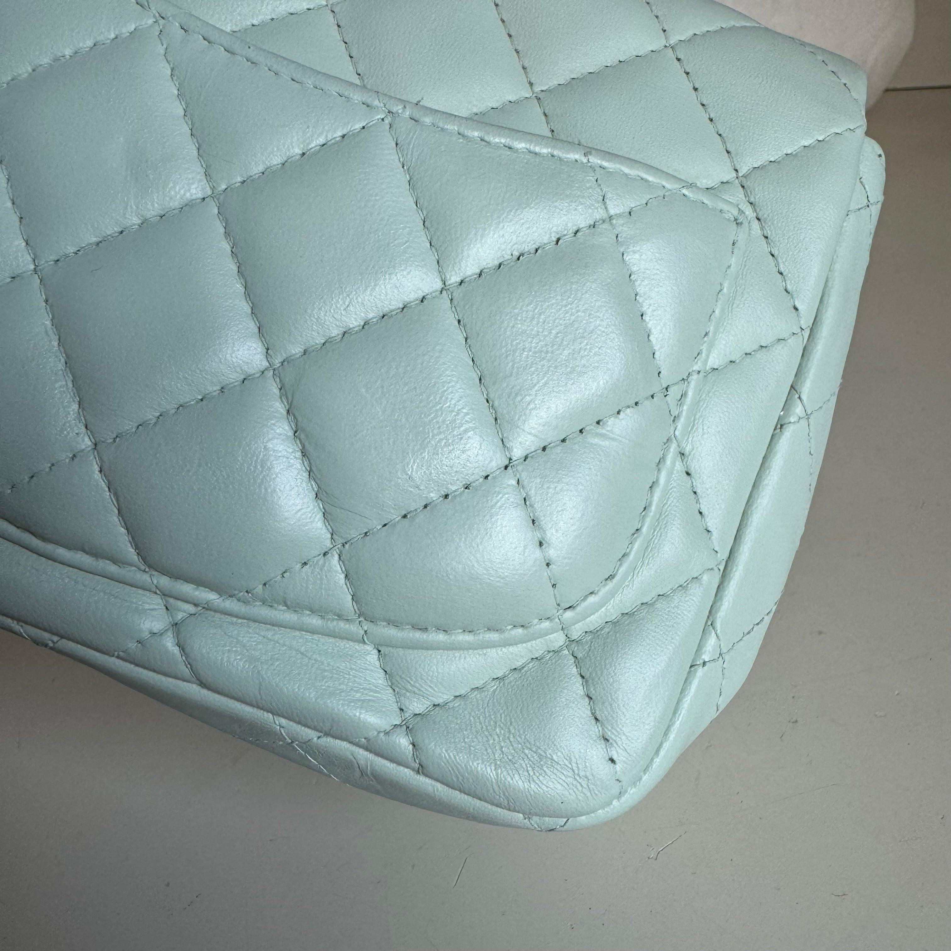 Chanel Classic Flap Mini Square Baby Mint Blue Lambskin Crossbody Bag, 2014 For Sale 1