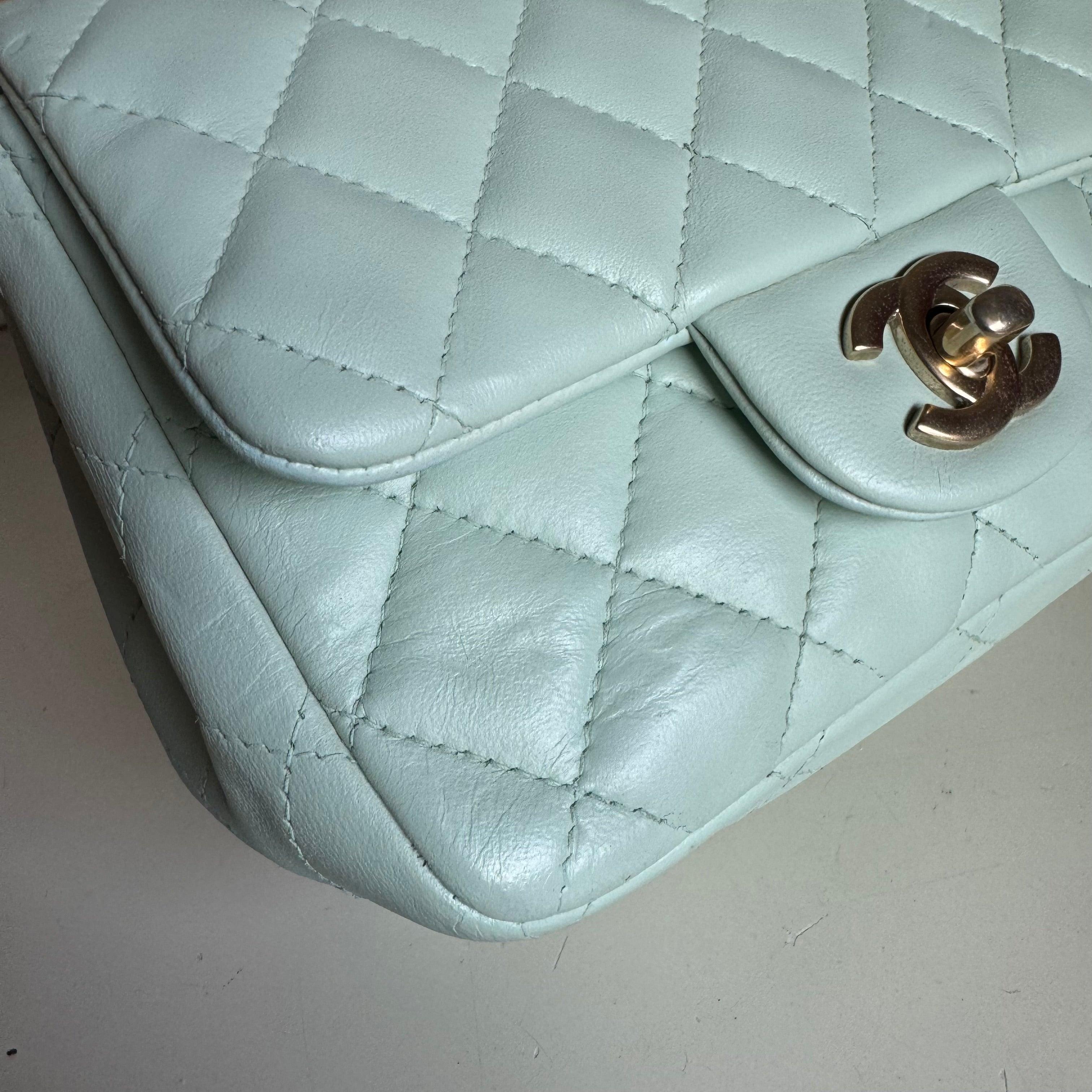 Chanel Classic Flap Mini Square Baby Mint Blue Lambskin Crossbody Bag, 2014 For Sale 2