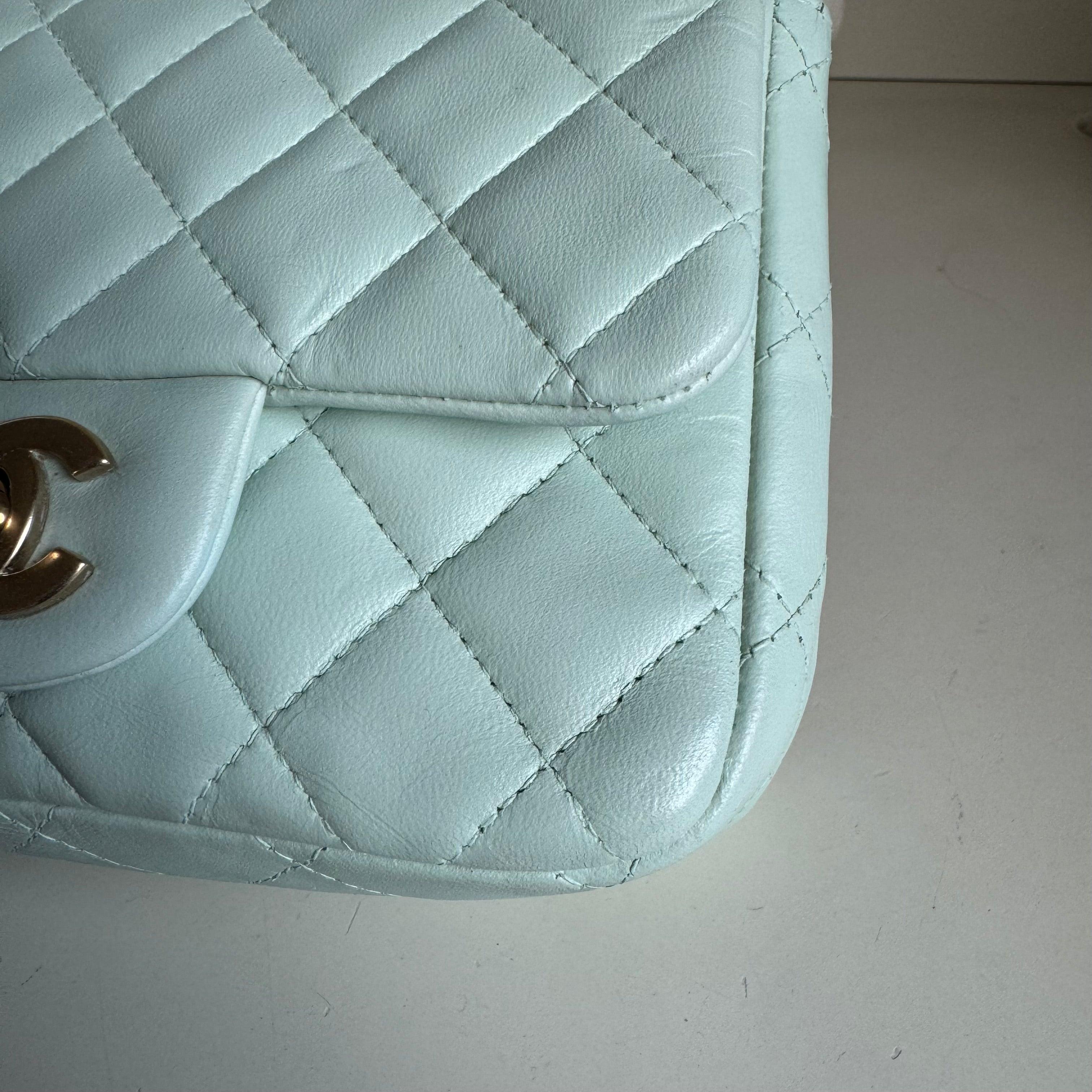 Chanel Classic Flap Mini Square Baby Mint Blue Lambskin Crossbody Bag, 2014 For Sale 3