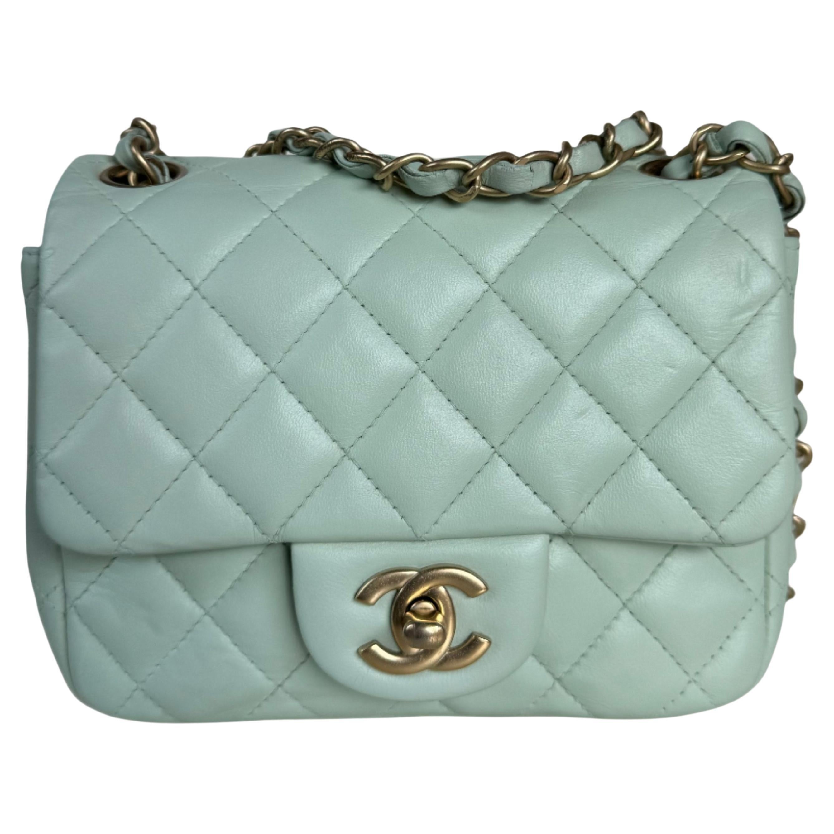 Chanel Classic Flap Mini Square Baby Mint Blue Lambskin Crossbody Bag, 2014 For Sale