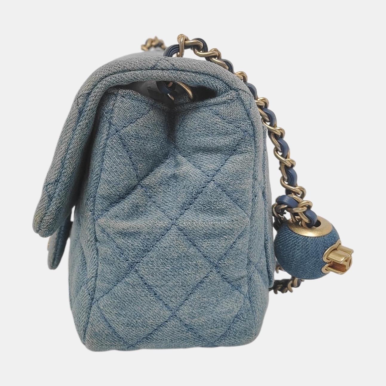 Gray Chanel Classic Flap Mini Square Blue Denim Jeans Gold Hardware Microchip