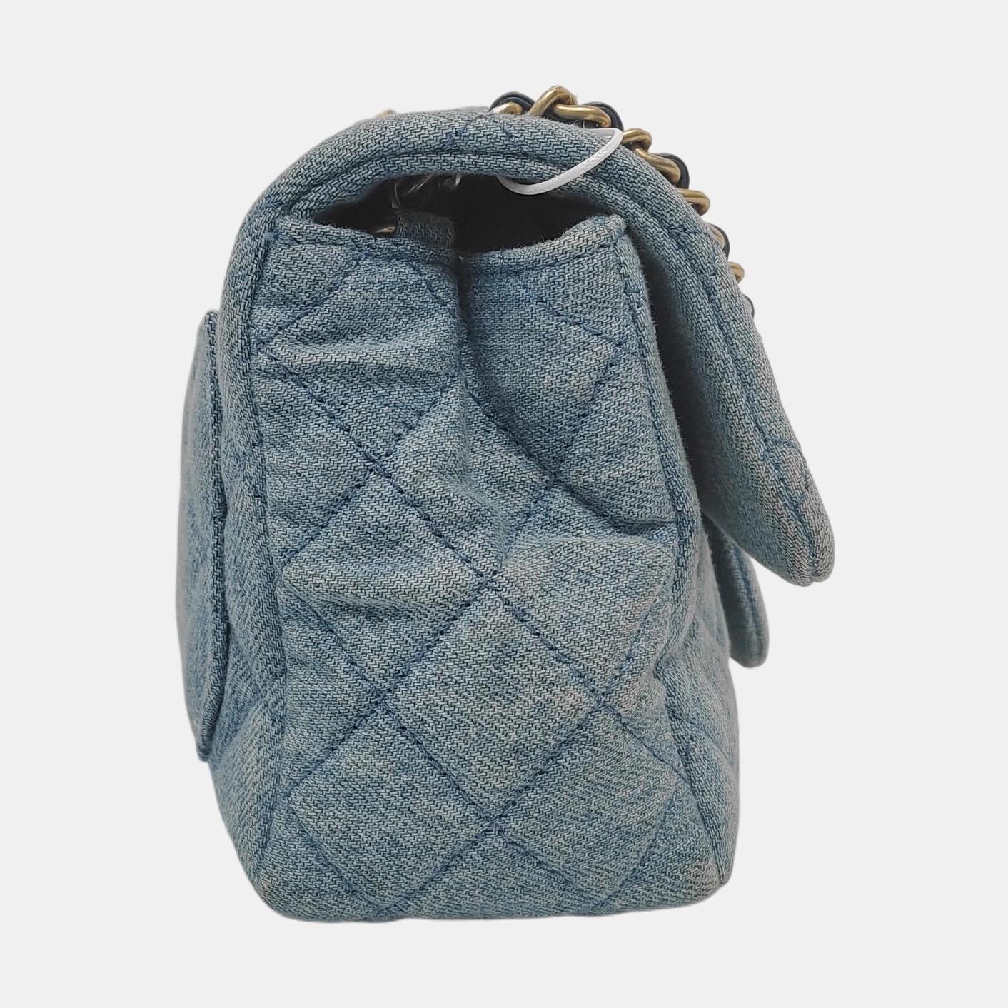 Chanel Classic Flap Mini Square Blue Denim Jeans Gold Hardware Microchip In Excellent Condition In AUBERVILLIERS, FR