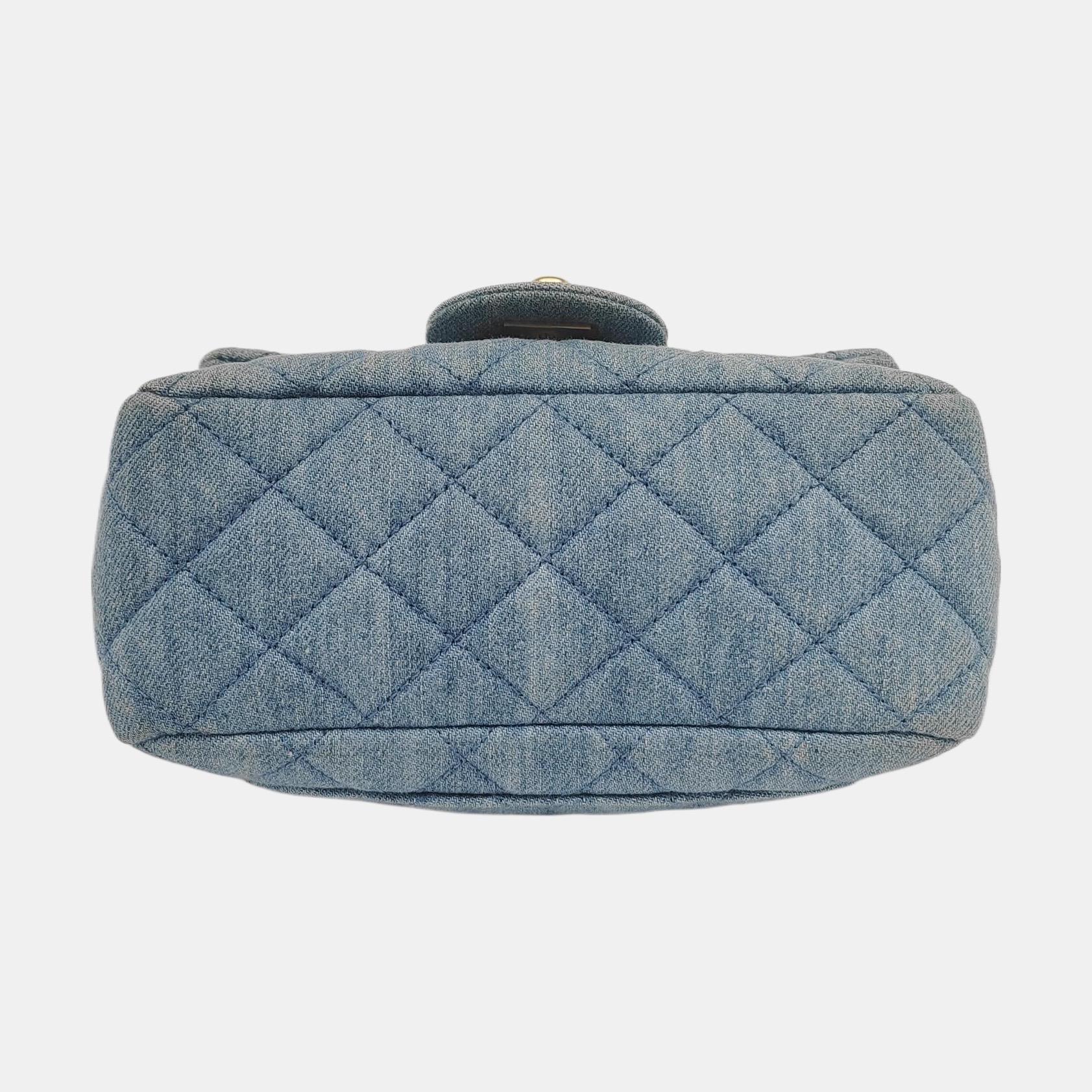 Chanel Classic Flap Mini Square Blue Denim Jeans Gold Hardware Microchip 1