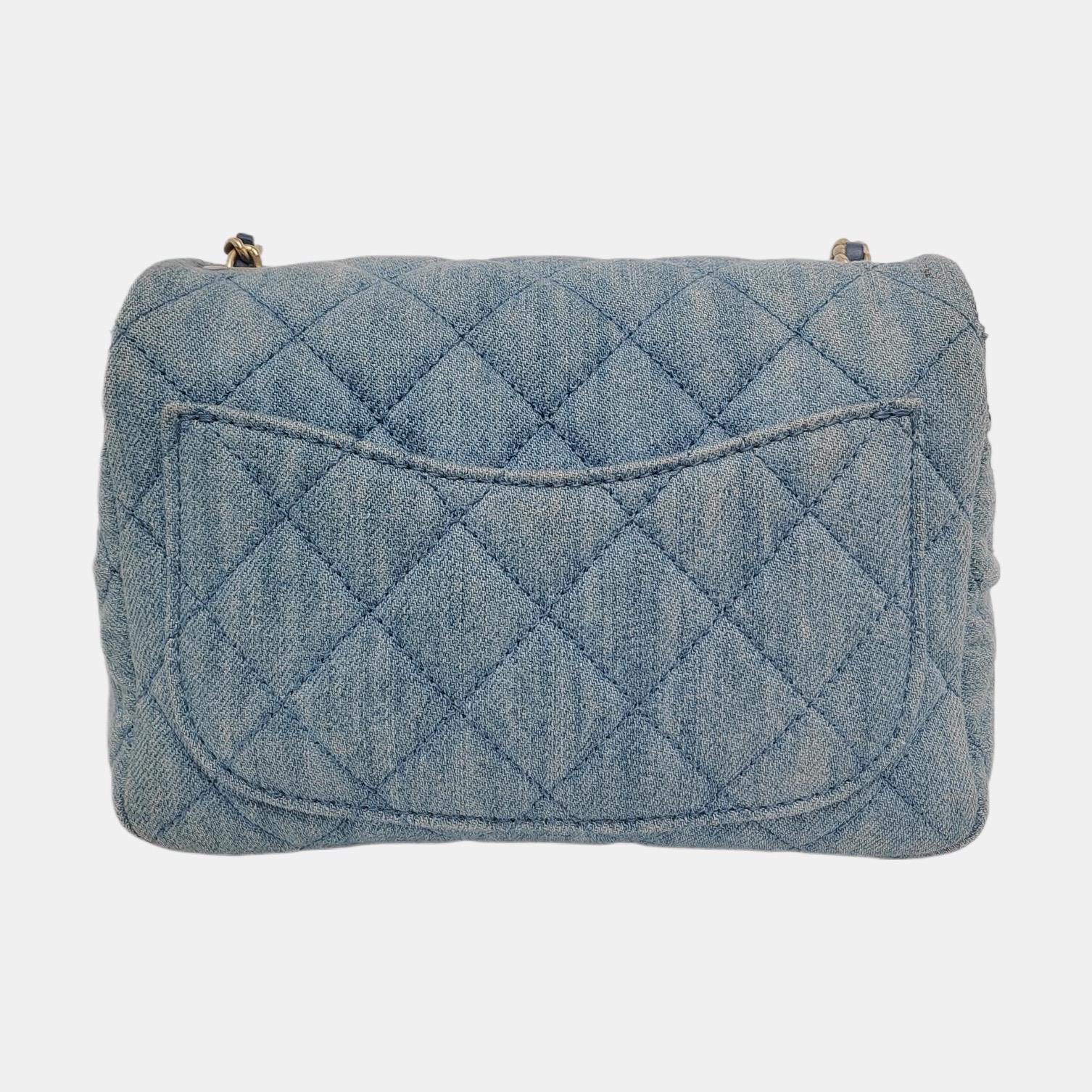 Chanel Classic Flap Mini Square Blue Denim Jeans Gold Hardware Microchip 2