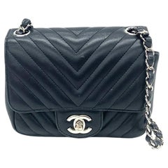 Chanel Classic Flap Mini Square Chevron Stitching Black Lambskin Silver Hardware