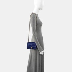 Chanel Classic Flap Mini Square Chevron Stitching Blue Lambskin Gold Hardware