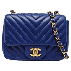 Chanel Classic Flap Mini Square Chevron Stitching Blue Lambskin Gold Hardware