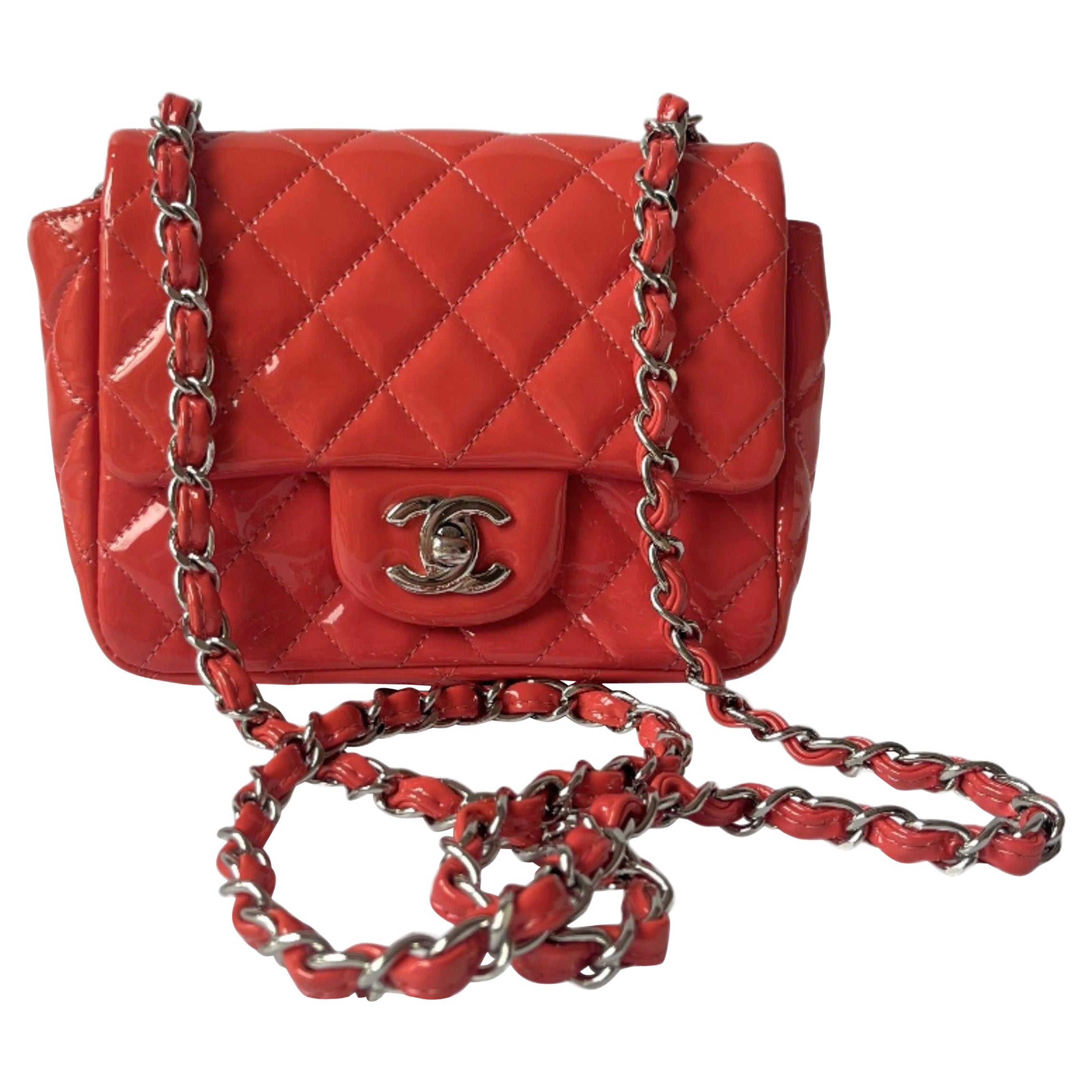 Chanel Classic Flap Mini Square Coral Naranja Charol Bolso Crossbody de piel de cordero