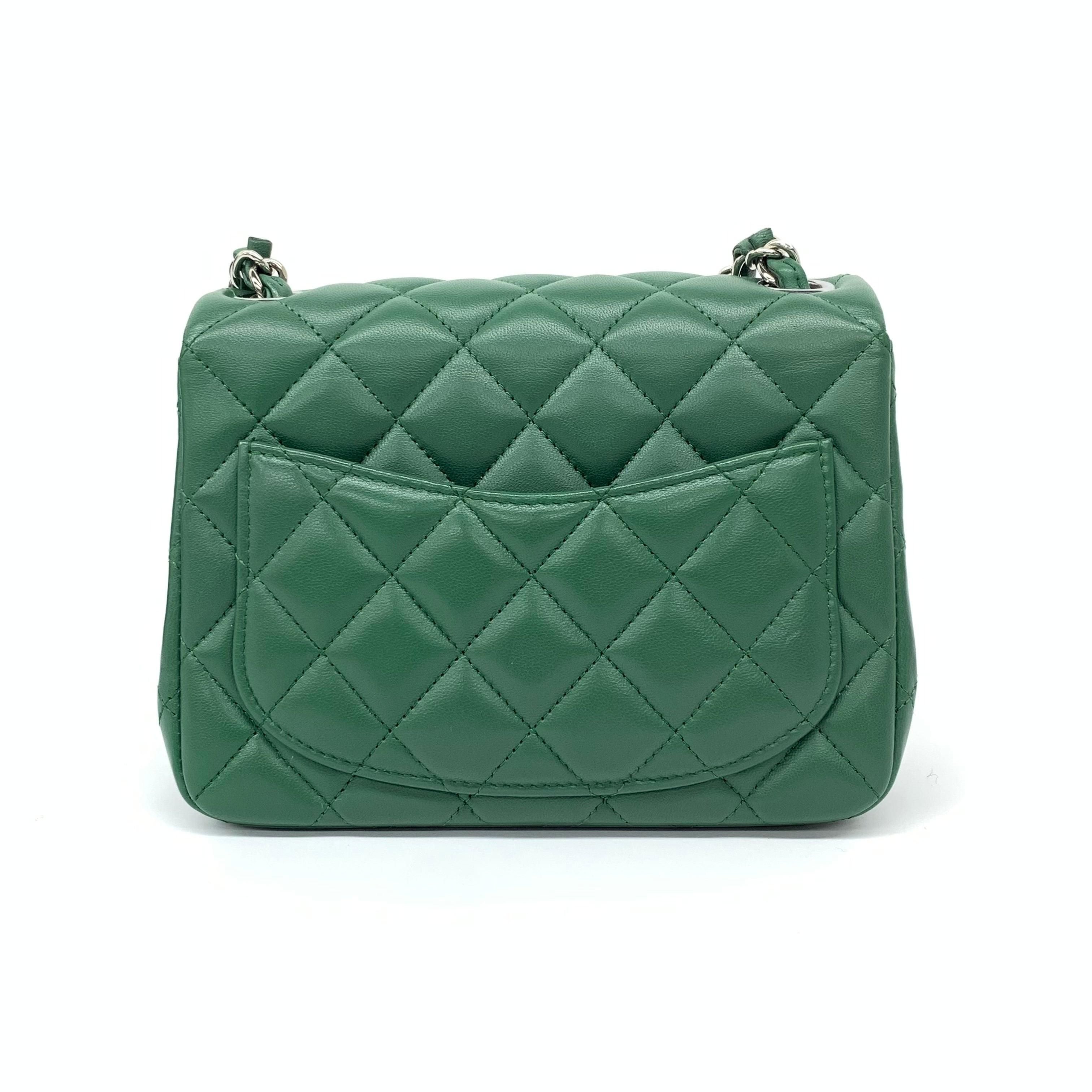 Chanel Classic Flap Mini Square Dark Green Lambskin Crossbody Bag Full Set, 2019
 These are professional photos of the actual bag offered by Luxbags.
 CONDITION: Excellent
 Light sense of use. The corners were professionally touched up as there was
