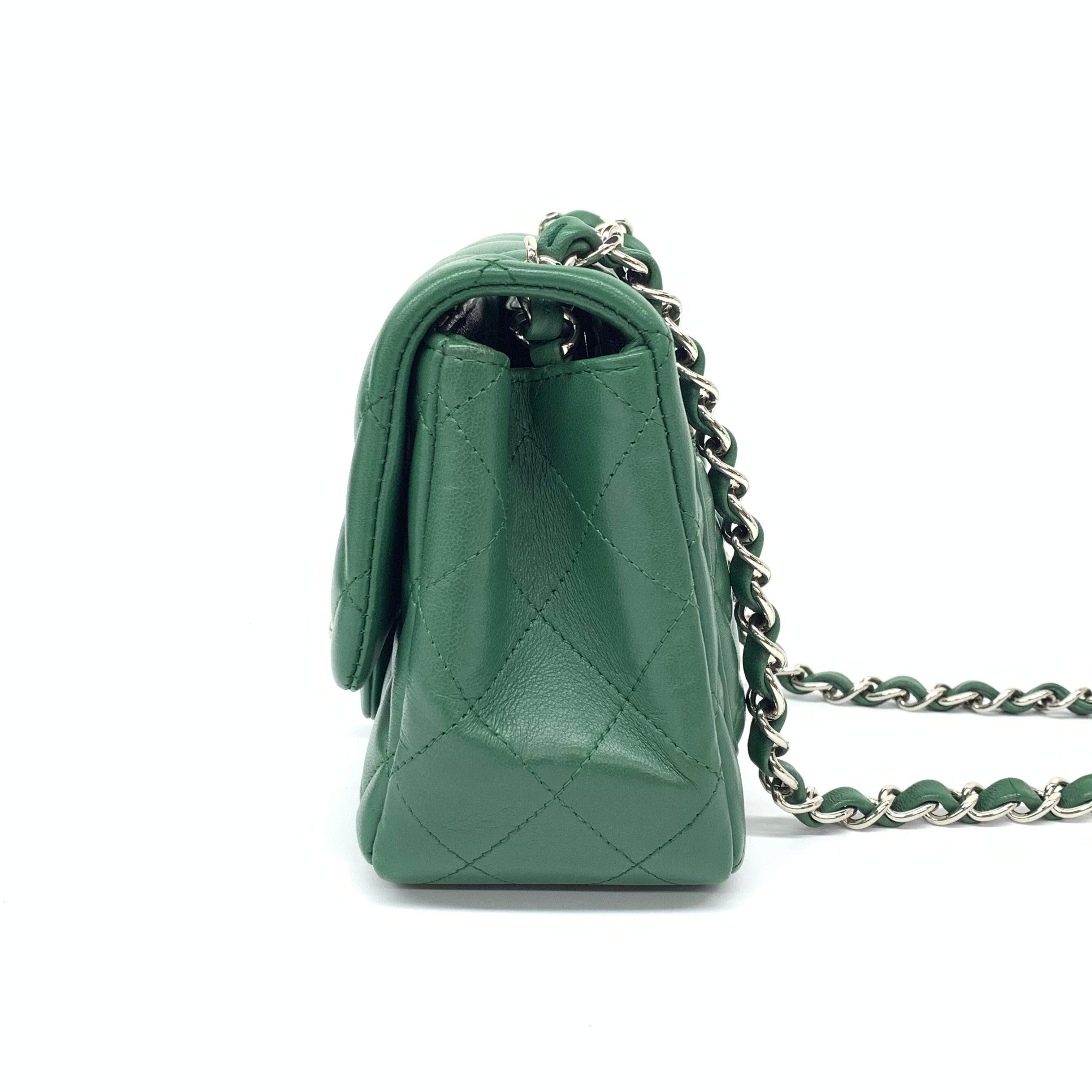 Gray Chanel Classic Flap Mini Square Dark Green Lambskin Crossbody Bag Full Set, 2019