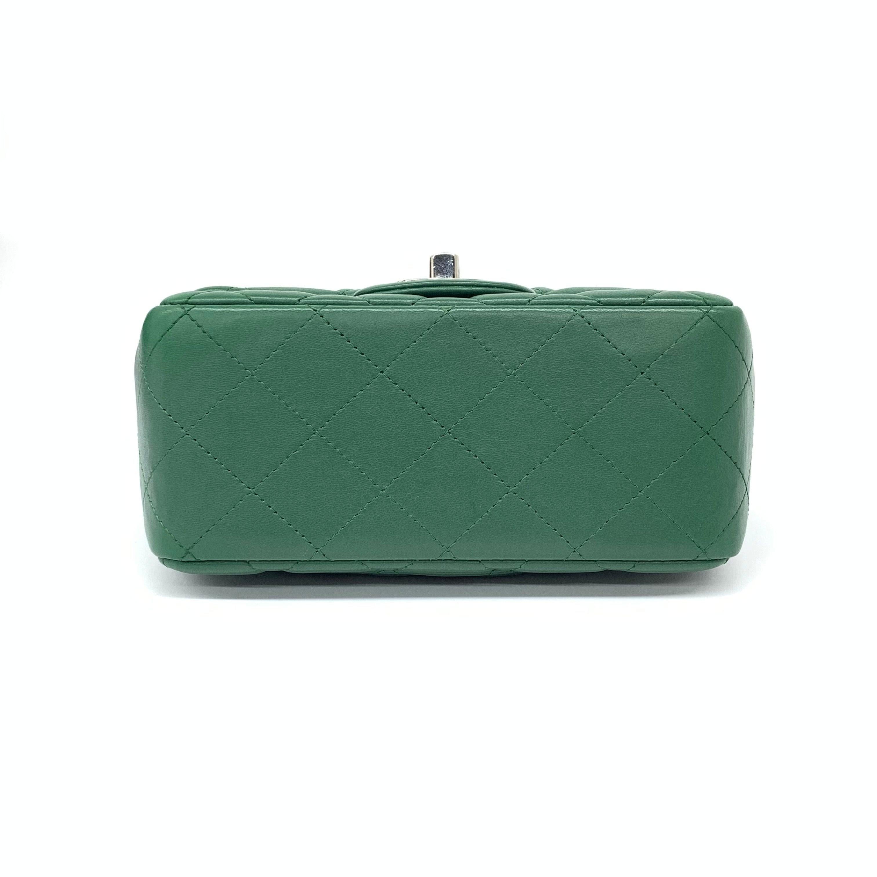 Chanel Classic Flap Mini Square Dark Green Lambskin Crossbody Bag Full Set, 2019 2