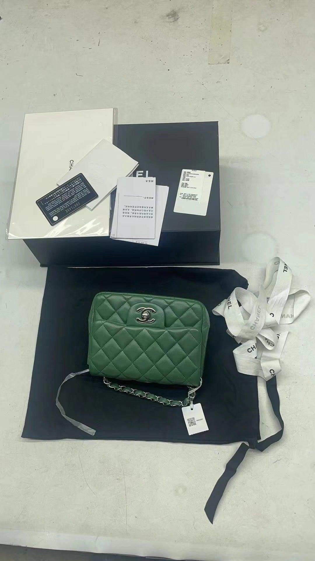 Chanel Classic Flap Mini Square Dark Green Lambskin Crossbody Bag Full Set, 2019 4