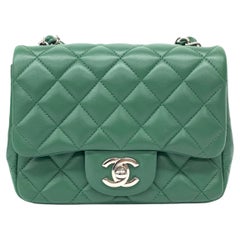 Chanel Classic Flap Mini Square Dark Green Lambskin Crossbody Bag Full Set, 2019
