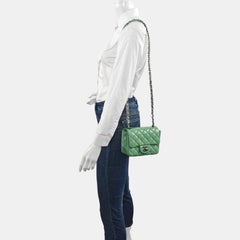 Chanel Classic Flap Mini Square Light Green Patent Leather Silver Hardware
