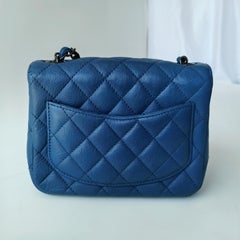 Chanel Classic Flap Mini Square Quilted Blue Calfskin Leather Silver Hardware