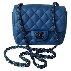 Chanel Classic Flap Mini Square Quilted Blue Calfskin Leather Silver Hardware