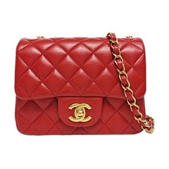 Chanel Classic Flap Mini Square Red Lambskin Leather Gold Hardware