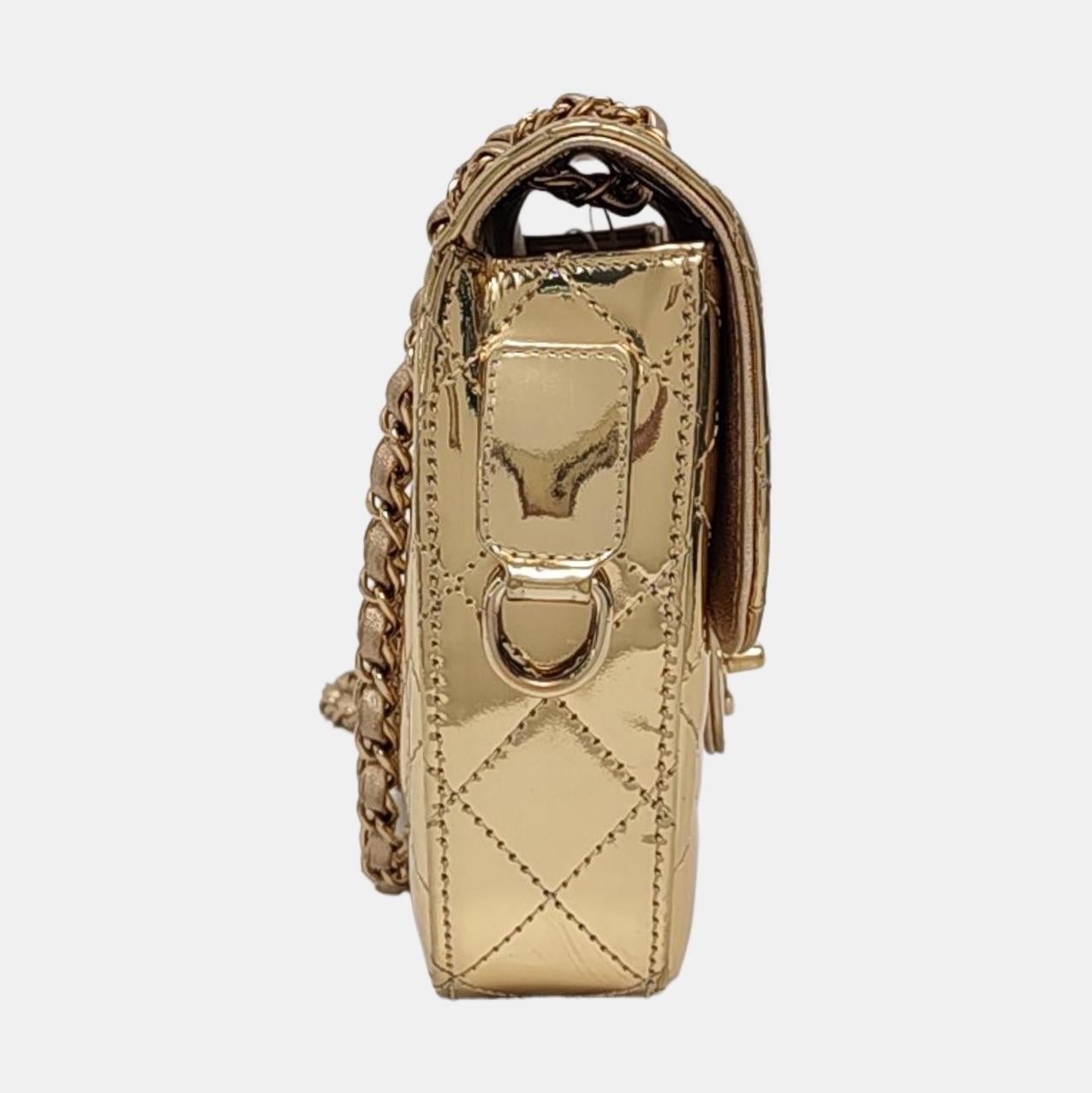 Chanel Classic Flap Mini Square Star Geldbörse Gold Patent Kalbsleder Spiegel G Damen im Angebot