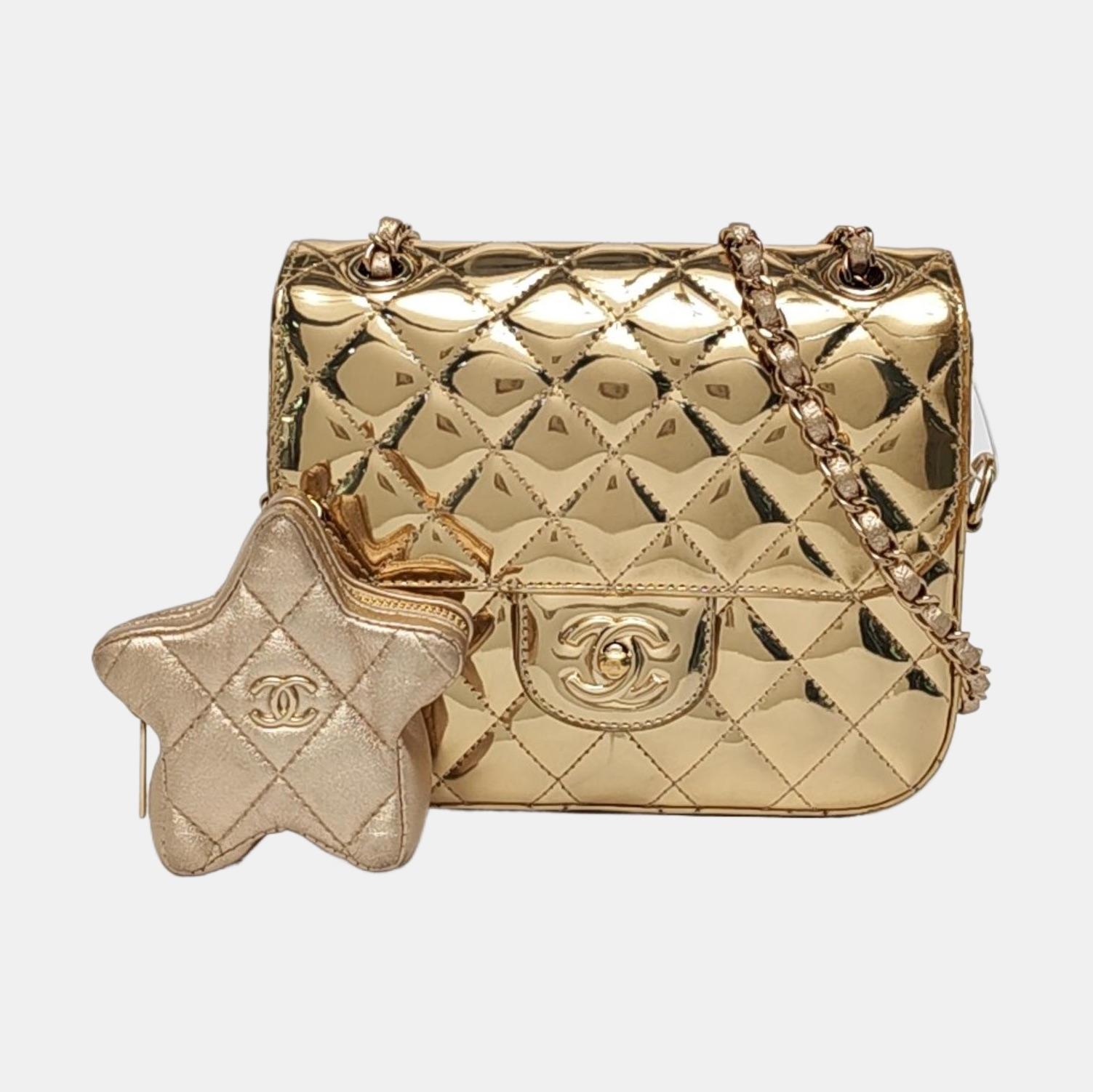 Chanel Classic Flap Mini Square Star Geldbörse Gold Patent Kalbsleder Spiegel G im Angebot 4