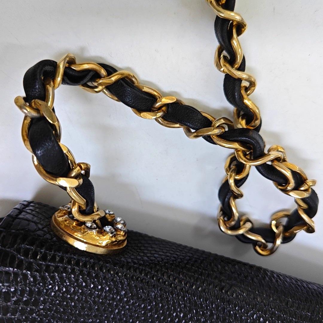 Chanel Classic Flap Mini Vintage Black Embossed Leather Gem CC Buckle Cro For Sale 16
