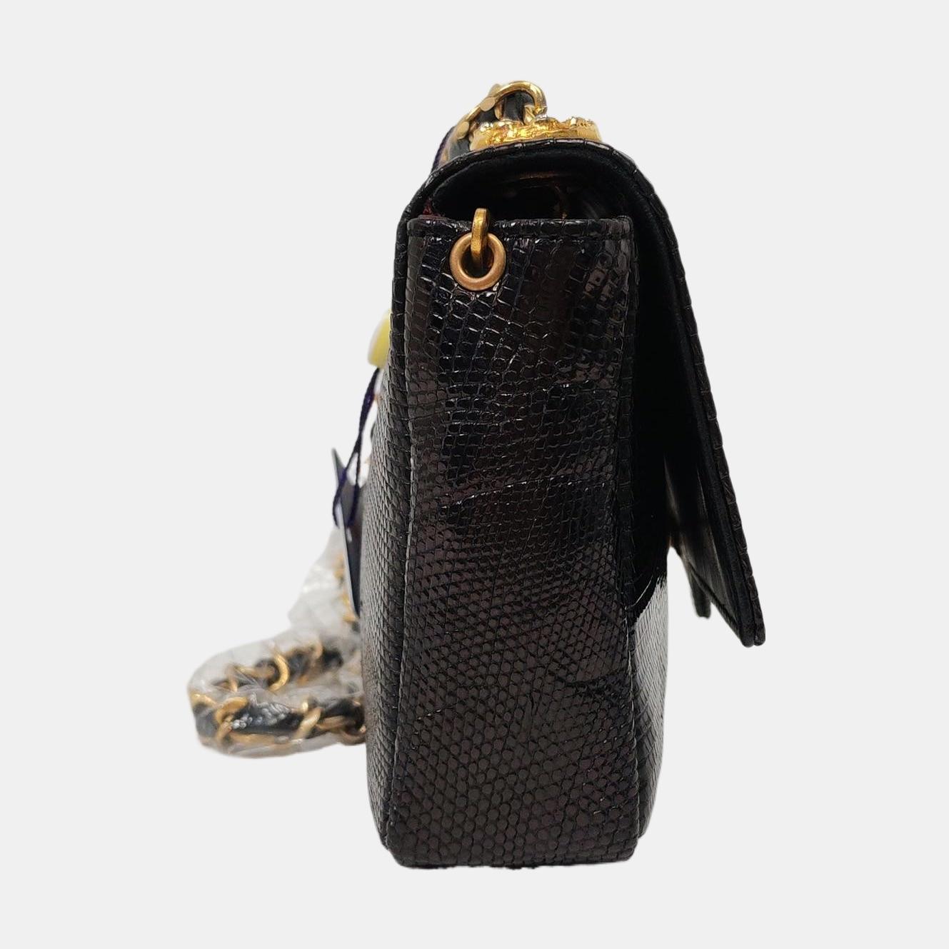 Women's Chanel Classic Flap Mini Vintage Black Embossed Leather Gem CC Buckle Cro For Sale