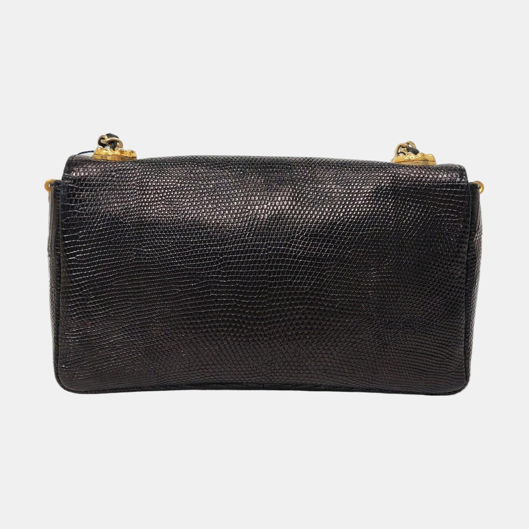 Chanel Classic Flap Mini Vintage Black Embossed Leather Gem CC Buckle Cro For Sale 1