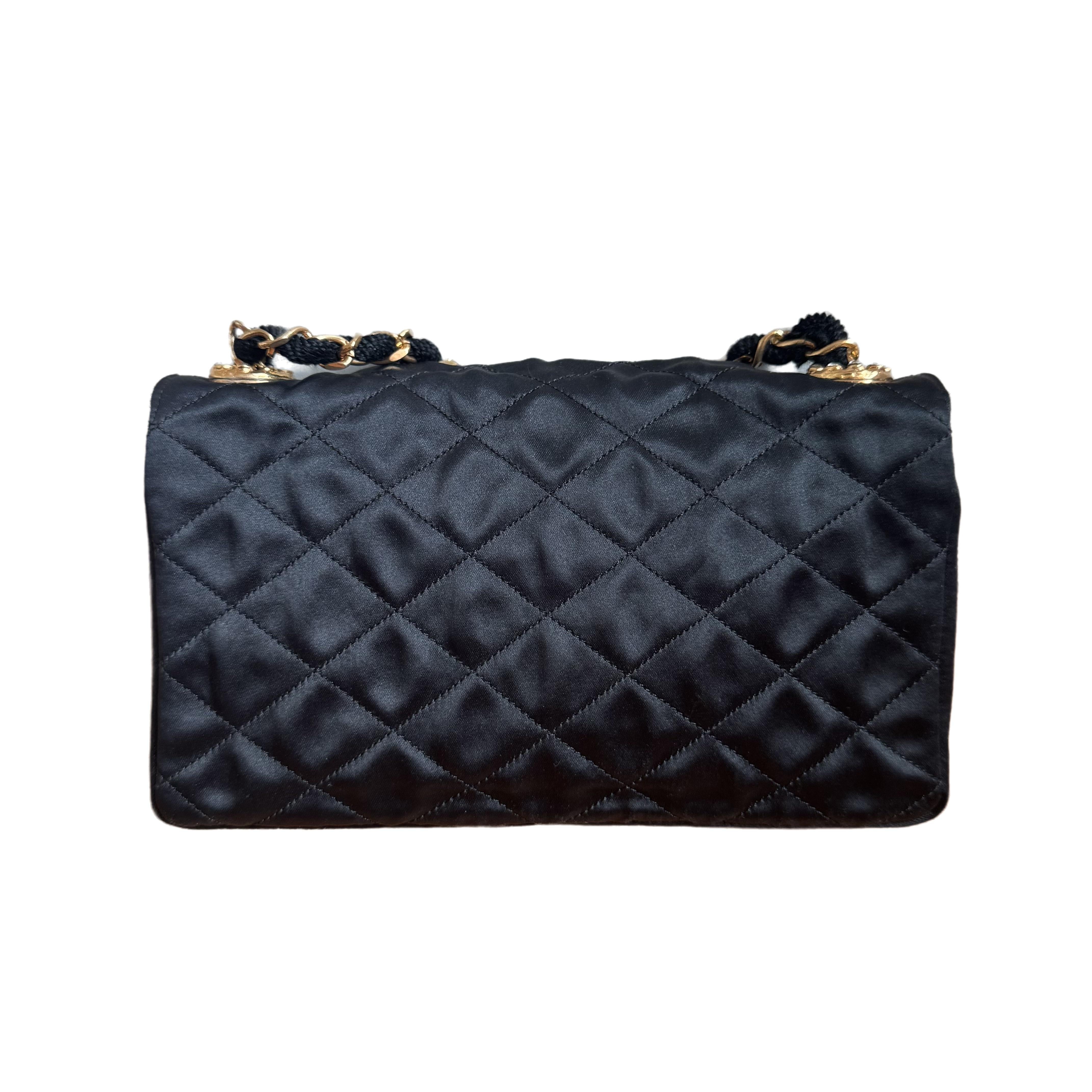 Noir Chanel Classic Flap Mini Vintage Black Silk Gem CC Buckle Crossbody Bag en vente