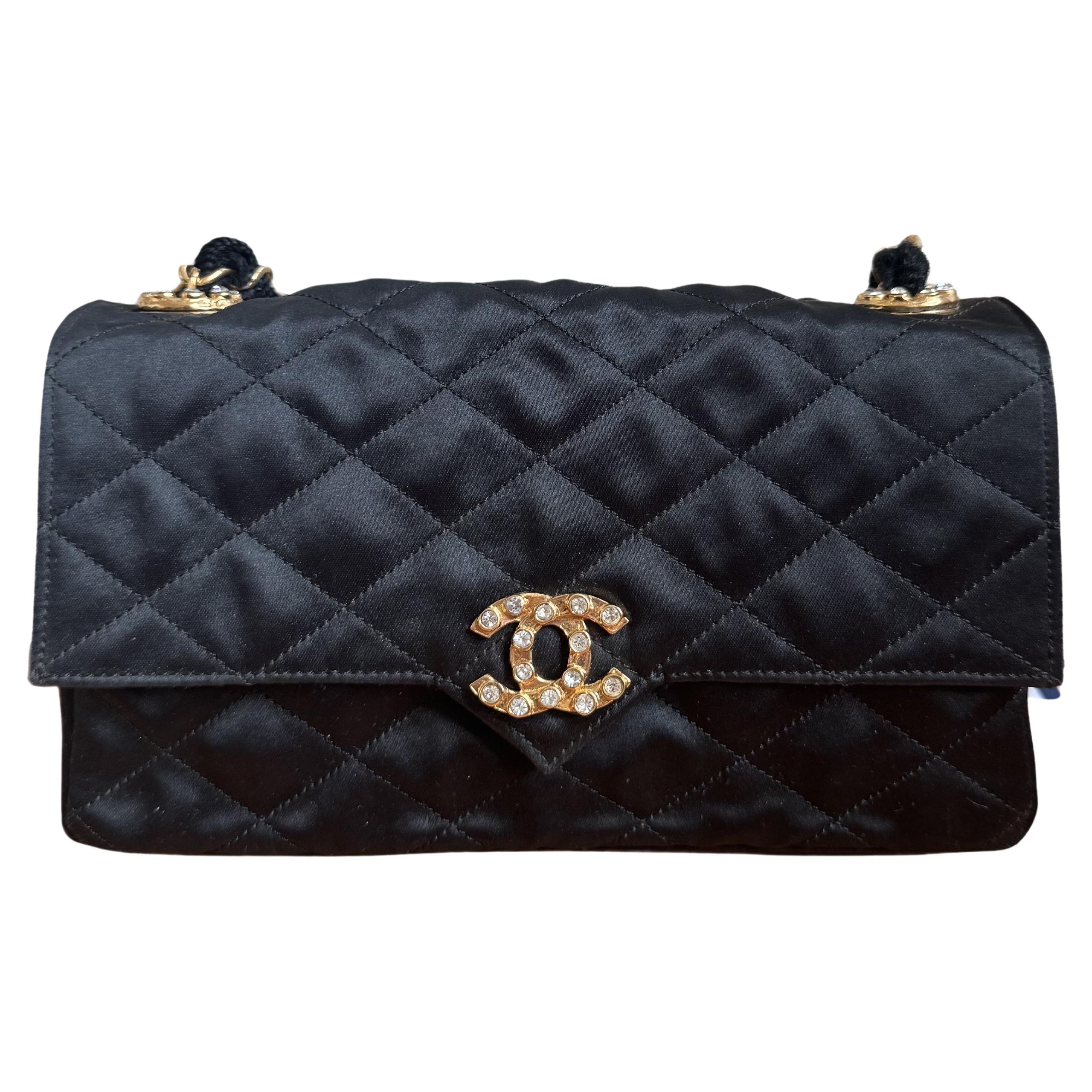Chanel Classic Flap Mini Vintage Black Silk Gem CC Buckle Crossbody Bag en vente