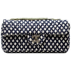 Chanel Bolso Solapa Clásico Pequeño Navy Vintage Azul Tweed Blanco