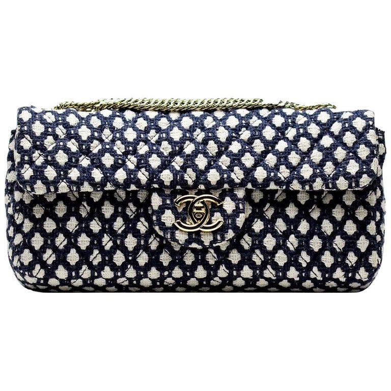 Chanel Small Classic Flap Navy Vintage Resort Blue White Tweed Flap Bag For  Sale at 1stDibs