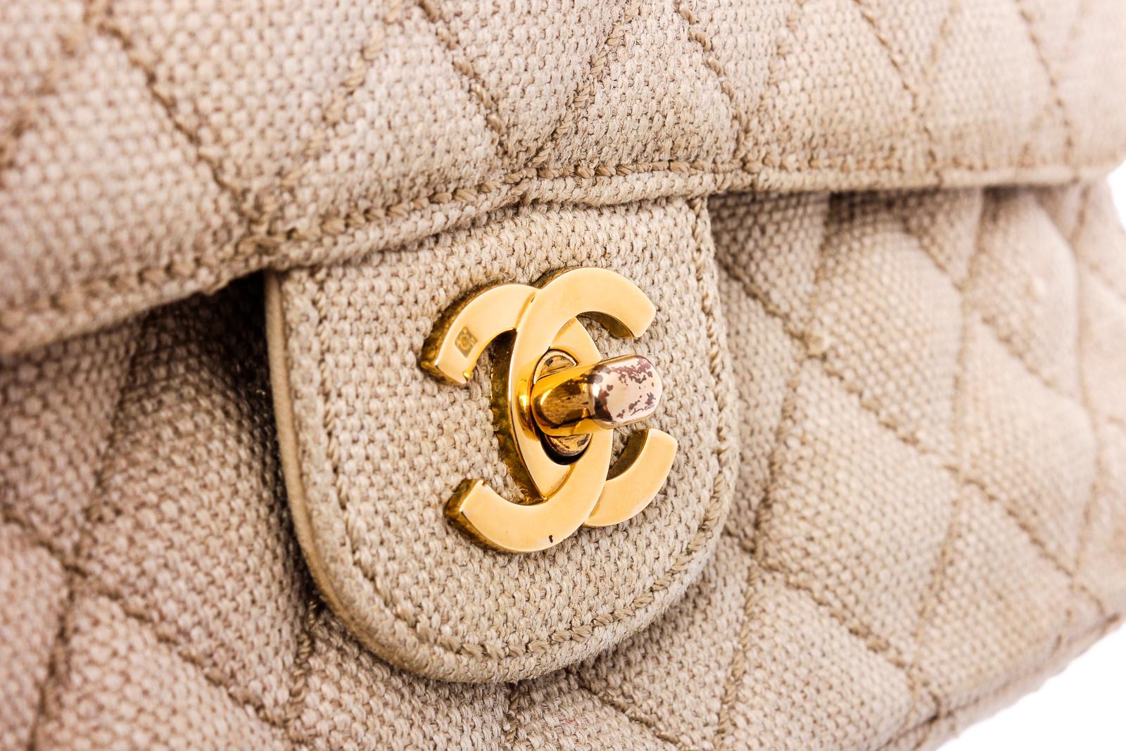 Chanel Classic Flap Quilted Classic Medium Double Beige Fabric Shoulder Bag 2