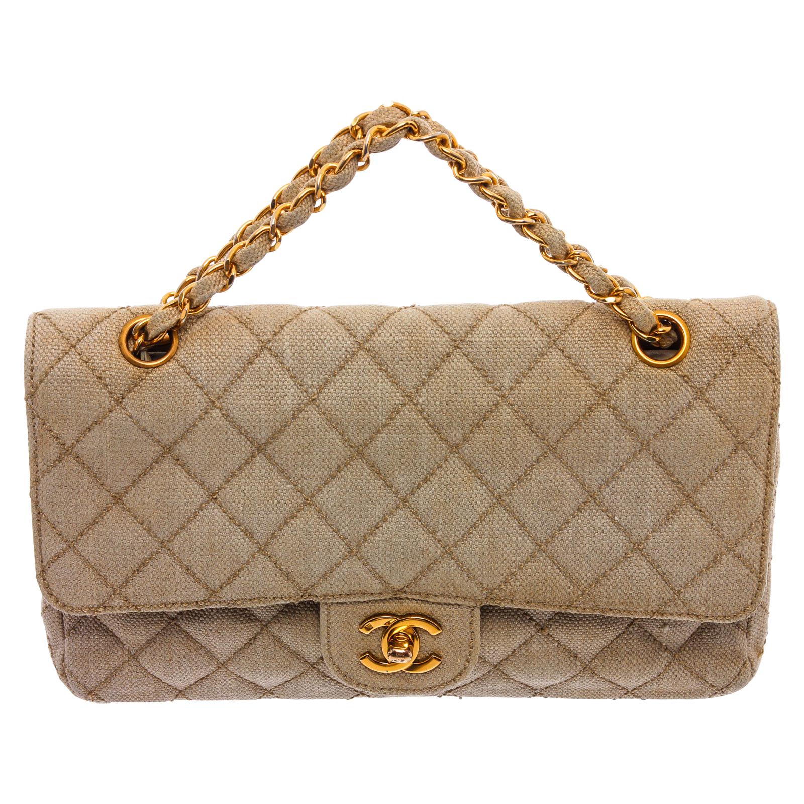 Chanel Classic Flap Quilted Classic Medium Double Beige Fabric Shoulder Bag