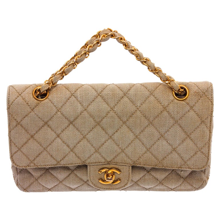 Chanel Classic Flap Quilted Classic Medium Double Beige Fabric Shoulder Bag  at 1stDibs