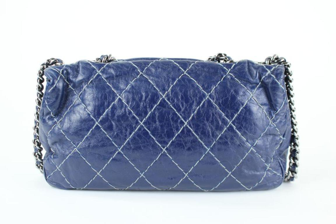 Chanel Classic Flap Quilted Surpique 219133 Navy Blue Leather Shoulder Bag In Fair Condition For Sale In Forest Hills, NY