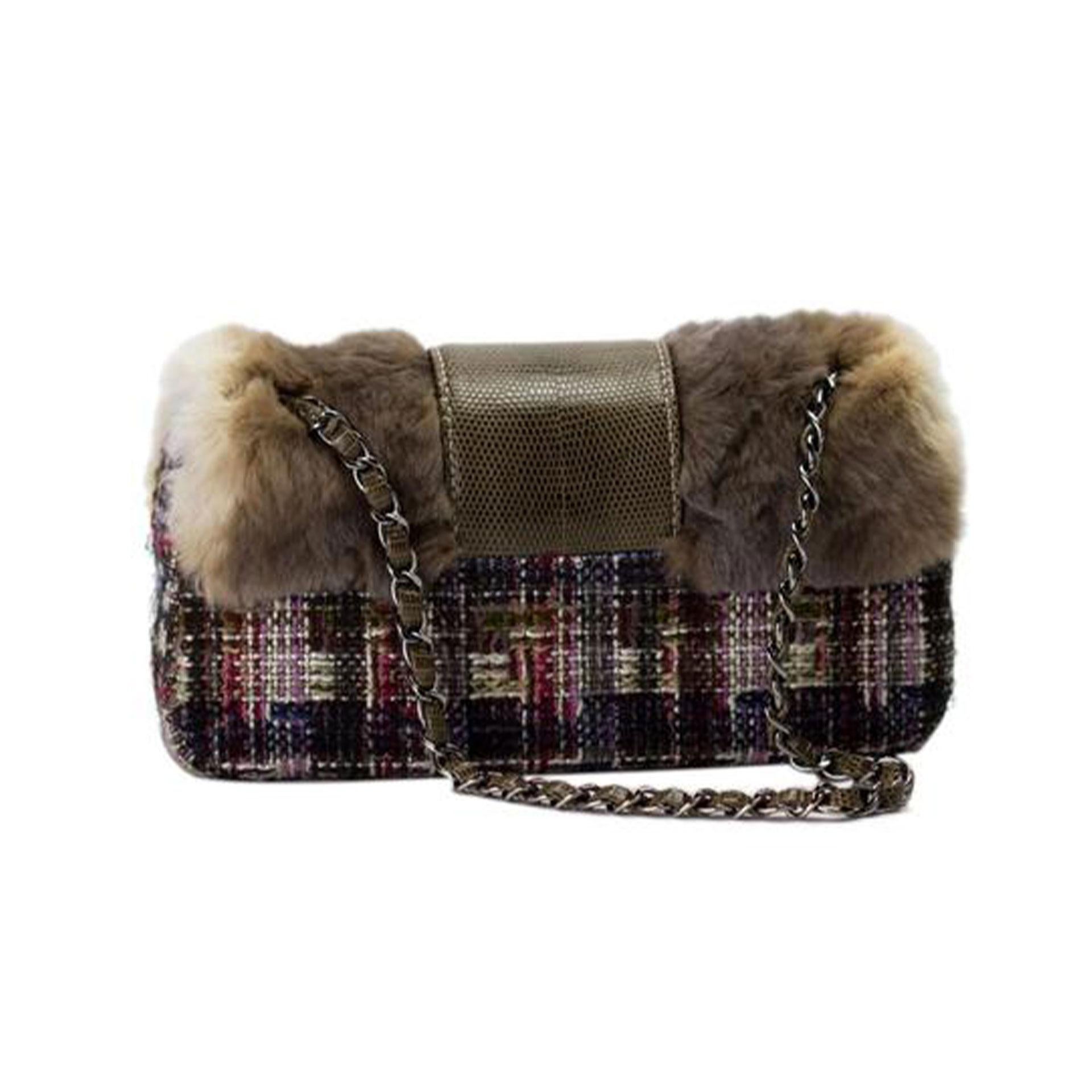 Women's or Men's Chanel Classic Flap Rare Limited Edition & Lizard Multi-color Brown Fur Bag For Sale