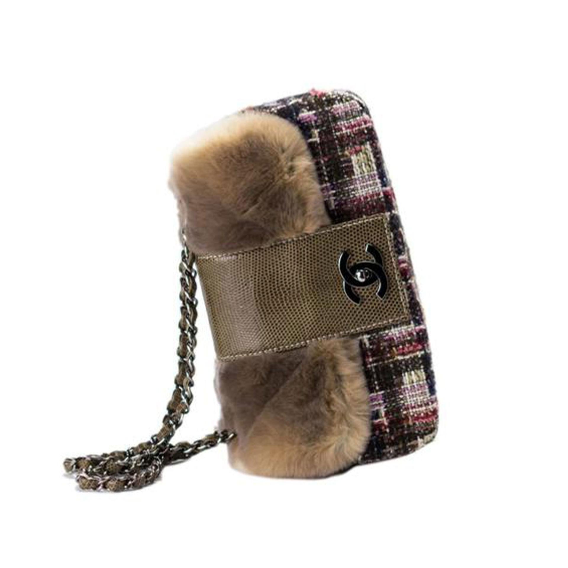 Chanel Classic Flap Rare Limited Edition & Lizard Multi-color Brown Fur Bag For Sale 1