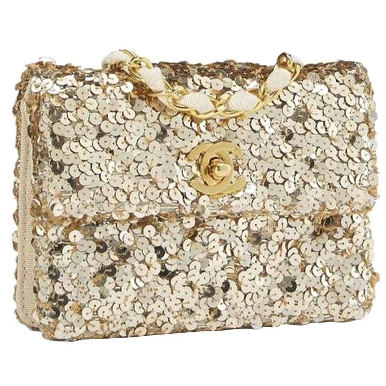 Chanel Classic Flap Rare Micro Mini Vintage Gold Sequin & Microfiber Bag For Sale 3