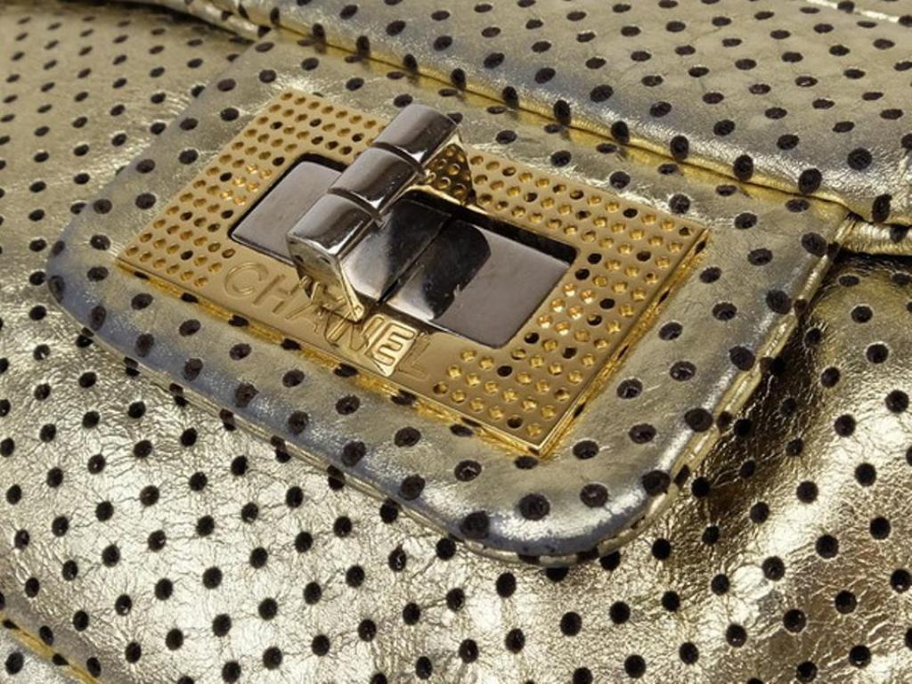 Chanel Classic Flap ( Rare ) Perforated Drill 215368 Gold Leather Shoulder Bag In Fair Condition For Sale In Forest Hills, NY