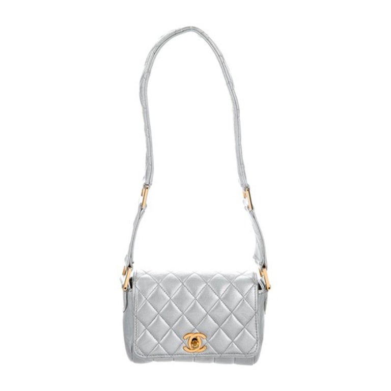 Chanel Classic Flap Rare Quilted Micro Mini Silver Metallic Lambskin  Leather Bag For Sale at 1stDibs