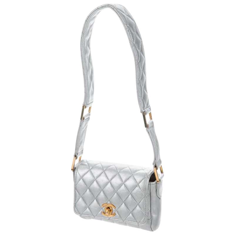 Chanel Classic Flap Rare Quilted Micro Mini Silver Metallic Lambskin ...
