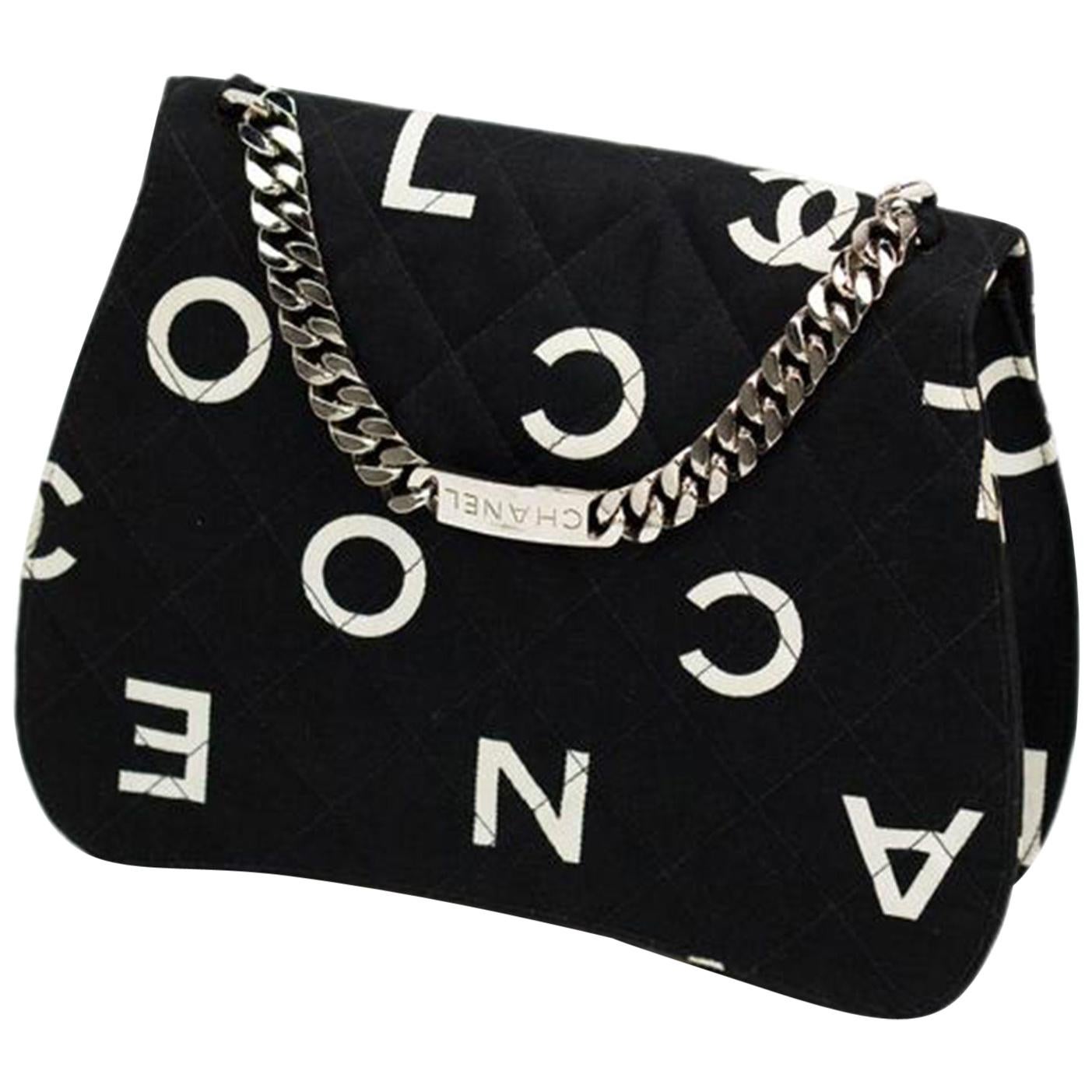 Chanel Classic Flap Rare Vintage and Letter Nameplate Black & White Canvas Tote