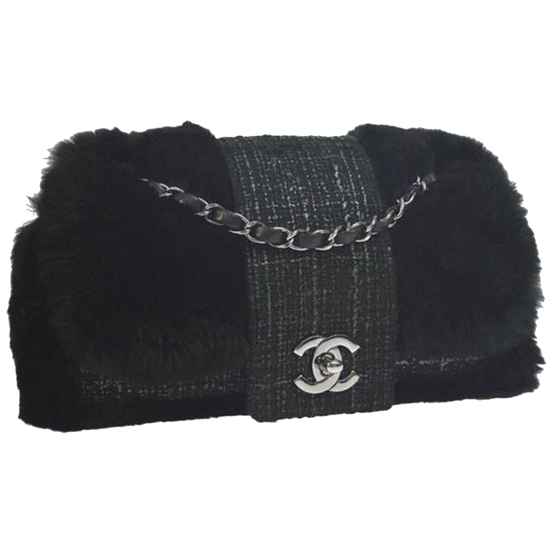 Chanel Classic Flap Rare Vintage Orylag Black and Grey Tweed Fur Cross Body Bag For Sale