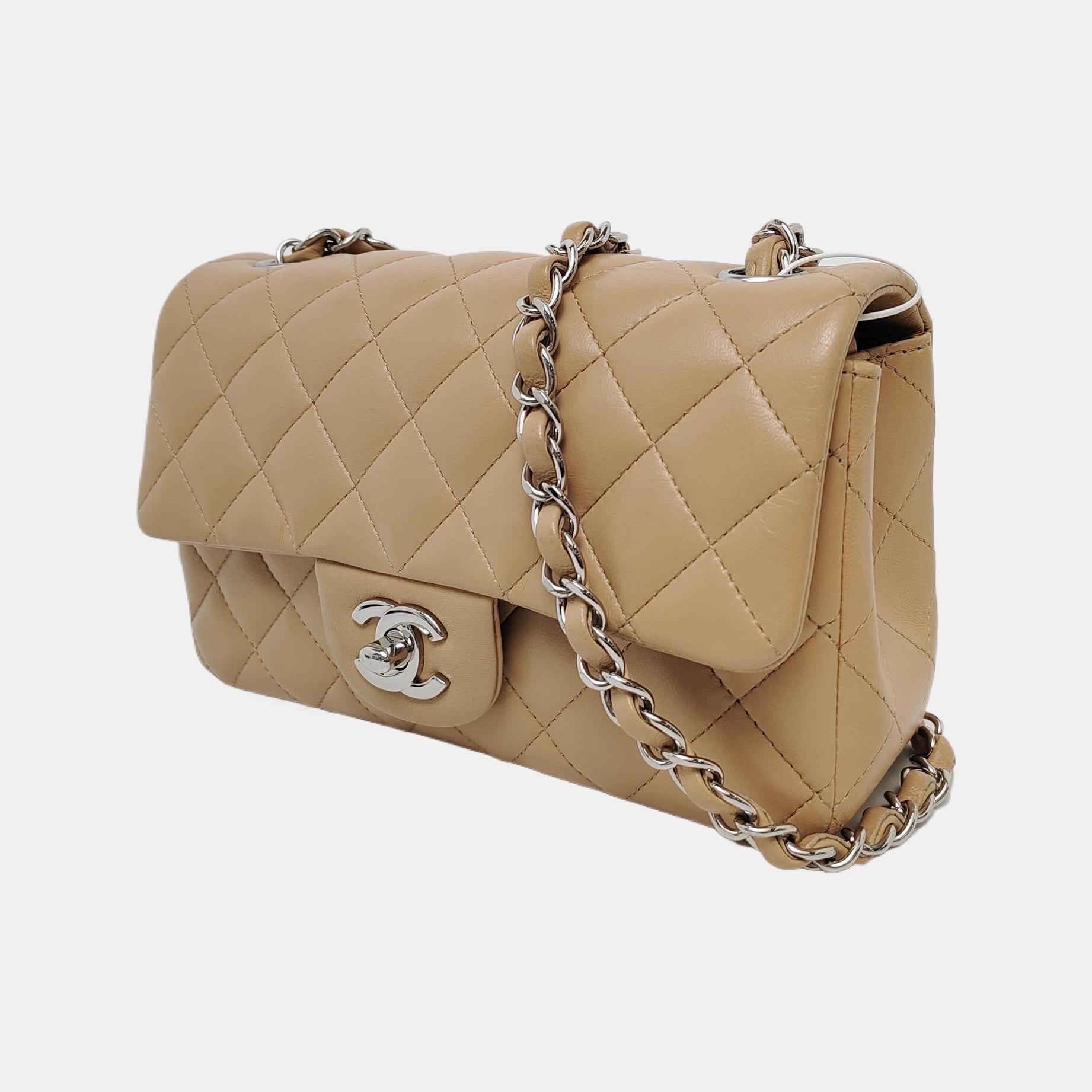 Chanel Classic Flap rectangulaire Mini Beige Lambskin Silver Hardware 2018 Pour femmes en vente