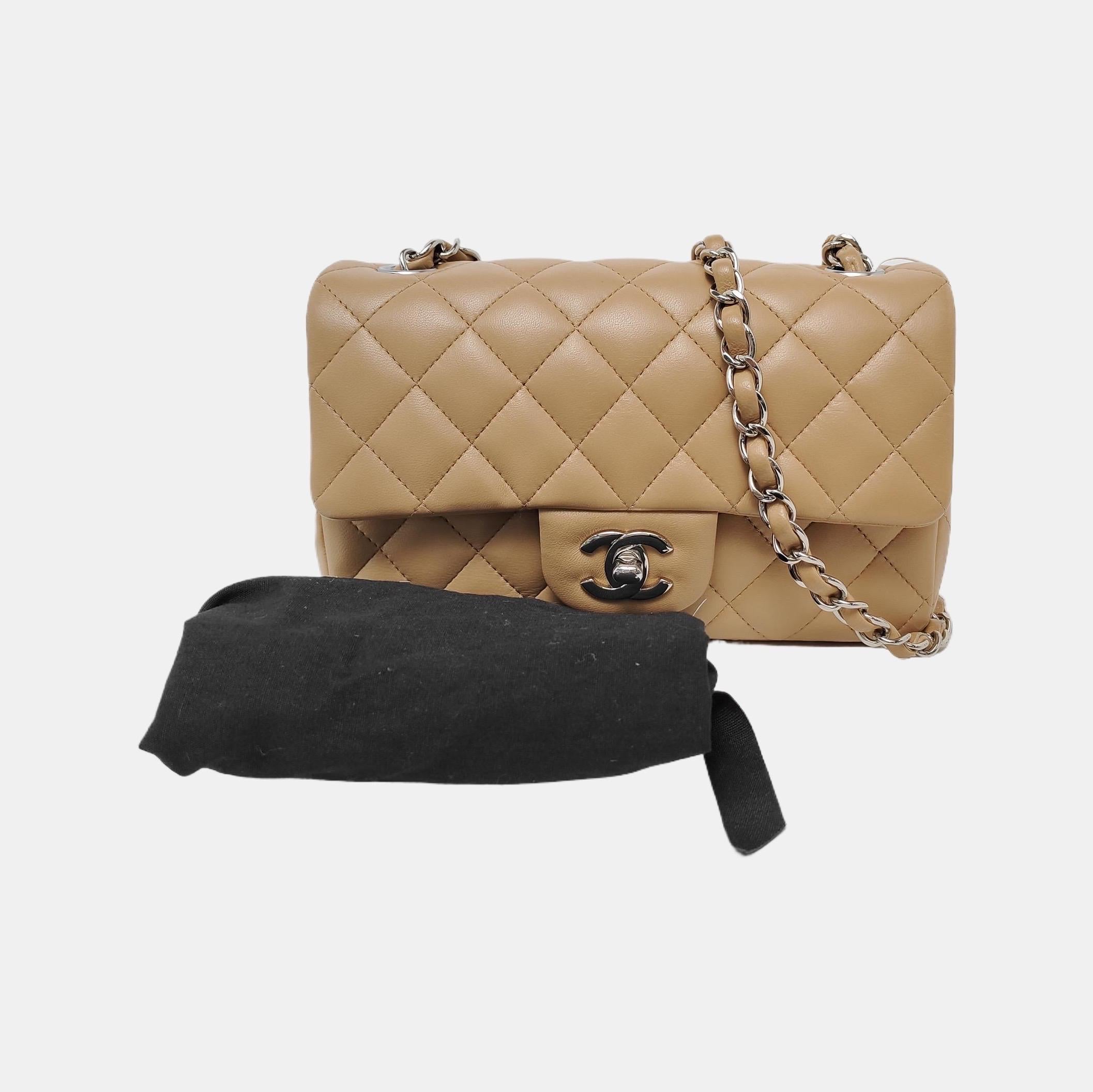 Chanel Classic Flap rectangulaire Mini Beige Lambskin Silver Hardware 2018 en vente 2