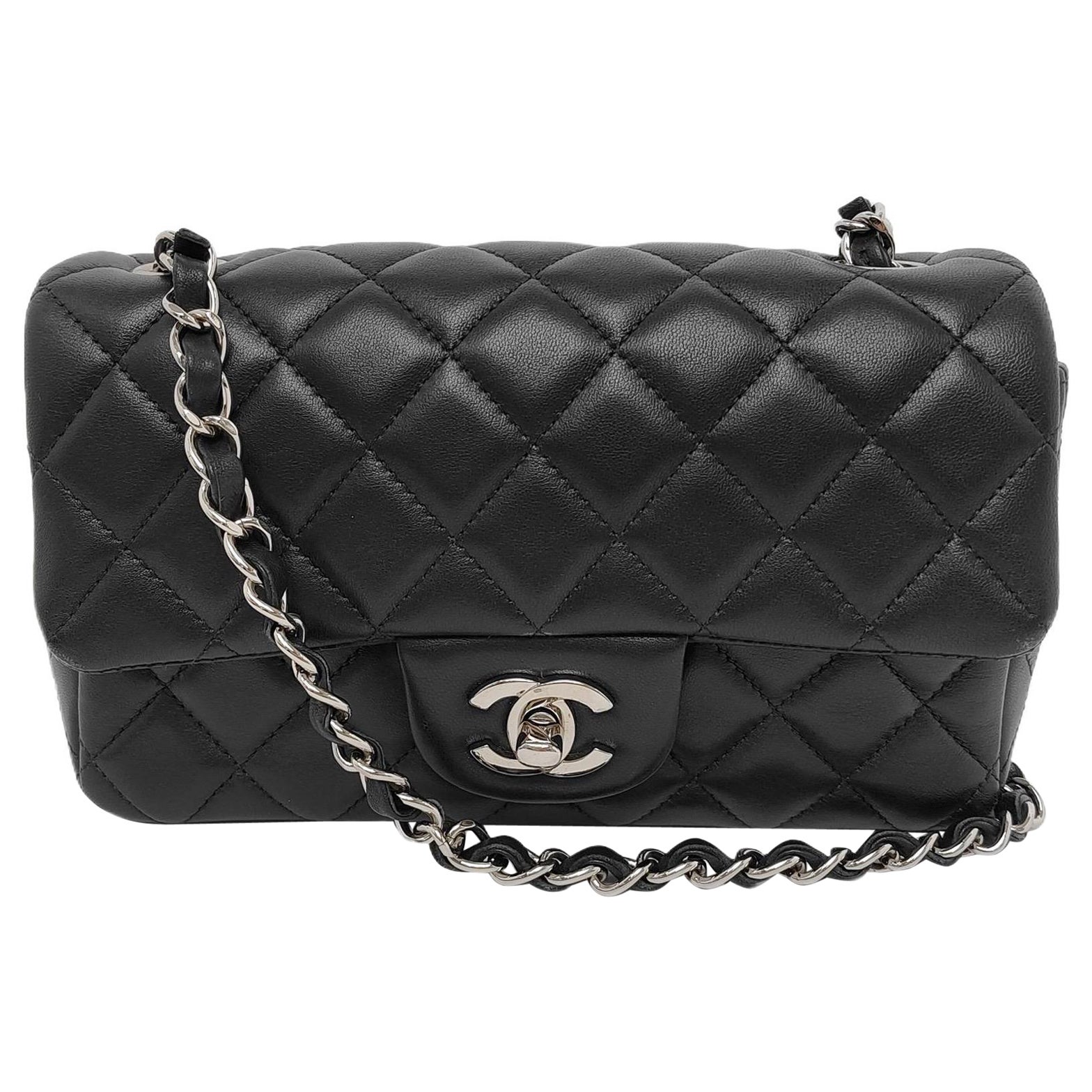 Chanel Classic Flap Rectangular Mini Black Lambskin Leather Silver HW