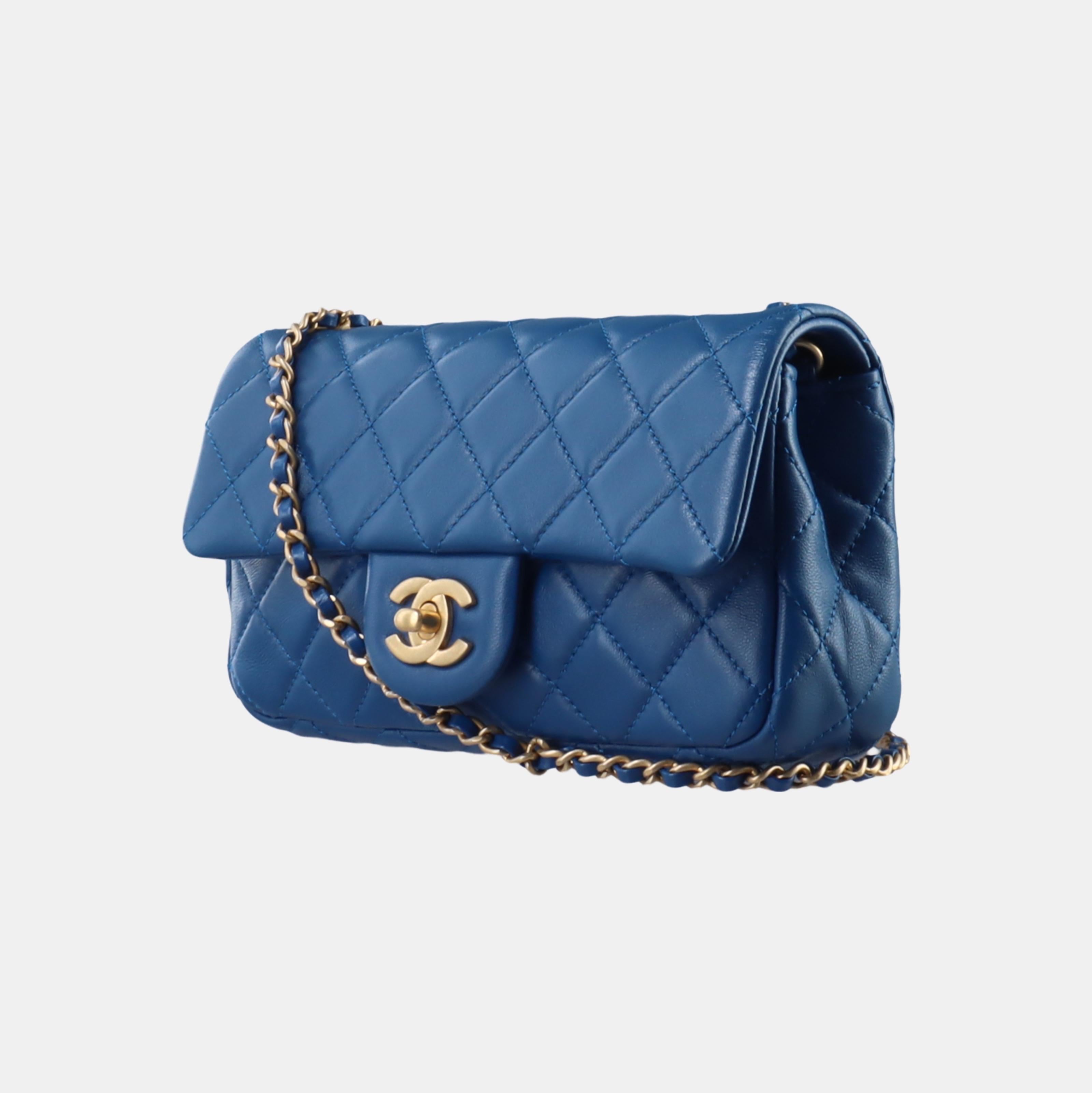 Purple Chanel Classic Flap Rectangular Mini Blue Lambskin Pearl Crush Gold Ball
