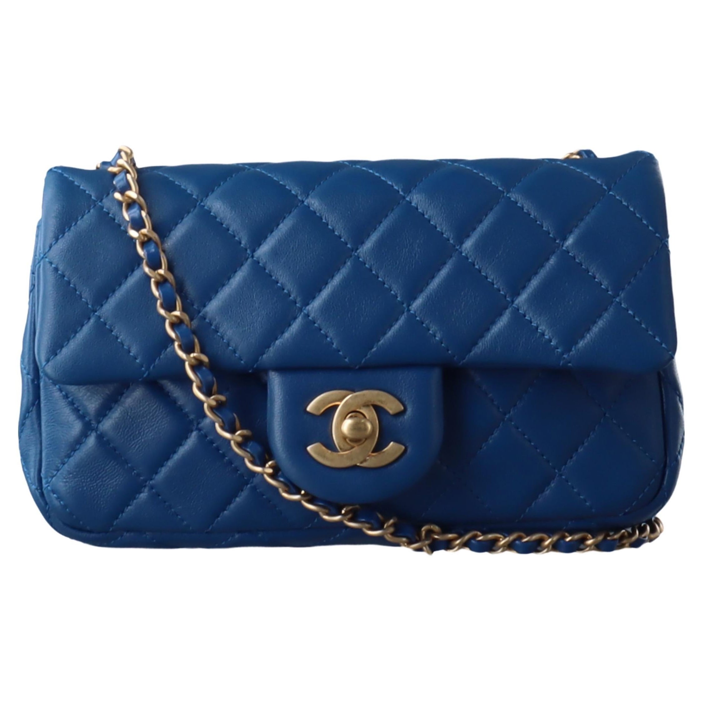 Purple Chanel Classic Flap Rectangular Mini Blue Lambskin Pearl Crush Gold Ball